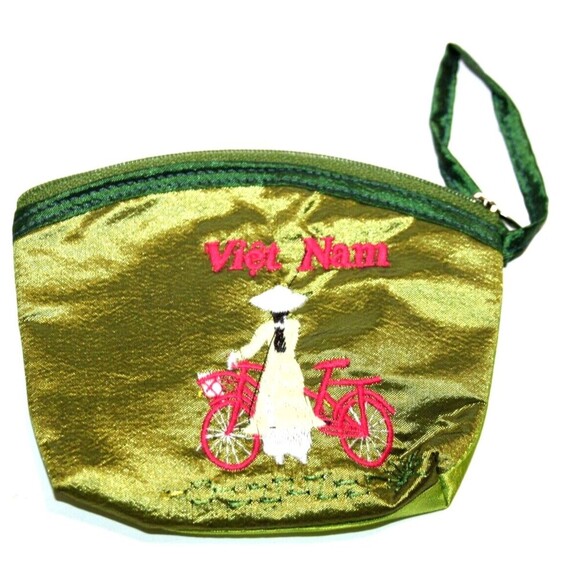 Satin Coin Purse Jewelry Organizer Small Embroidered Viet Nam Woman's 5" x 4" - Picture 4 of 4
